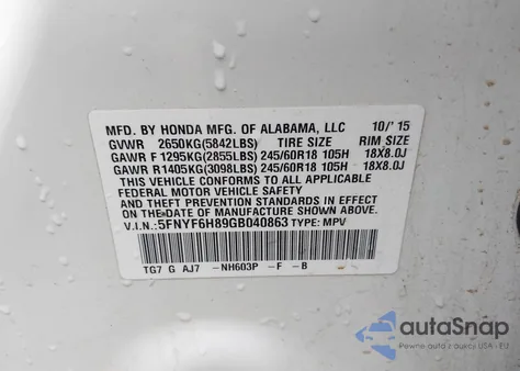 2016 Honda Pilot Ex-L from USA, damaged, VIN 5FNYF6H89GB040863